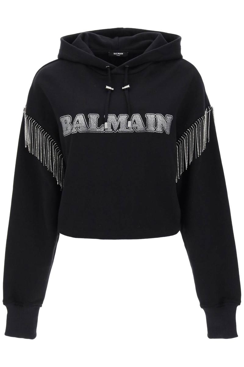 Shop Balmain Cropped Hoodie With Rhinestone-studded Logo And Crystal Cupchains In Nero