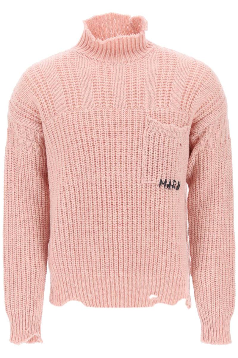 Shop Marni Funnel-neck Sweater In Destroyed-effect Wool In Rosa