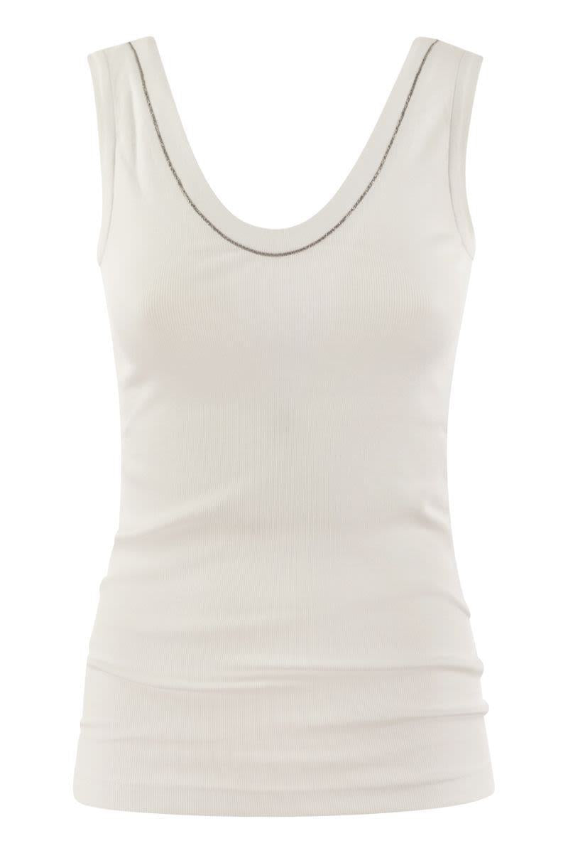 Brunello Cucinelli Ribbed Cotton Jersey Top With Shiny Neckline In White