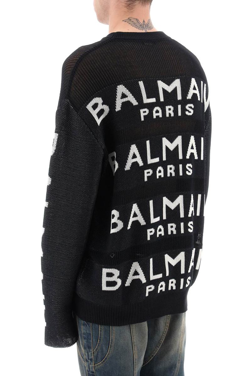 Shop Balmain Cotton Pullover With All-over Logo In Nero