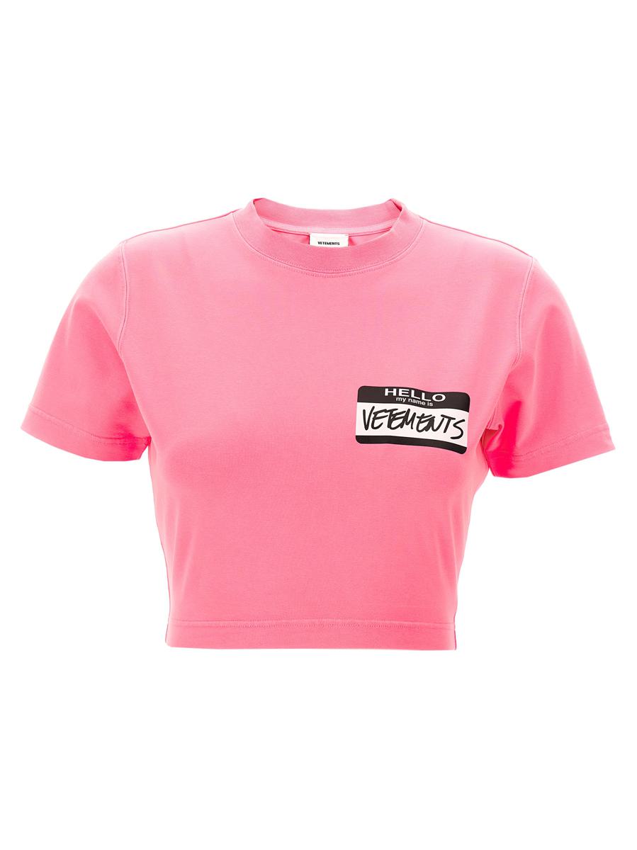 Shop Vetements 'hello My Name Is ' Cropped T-shirt In Purple