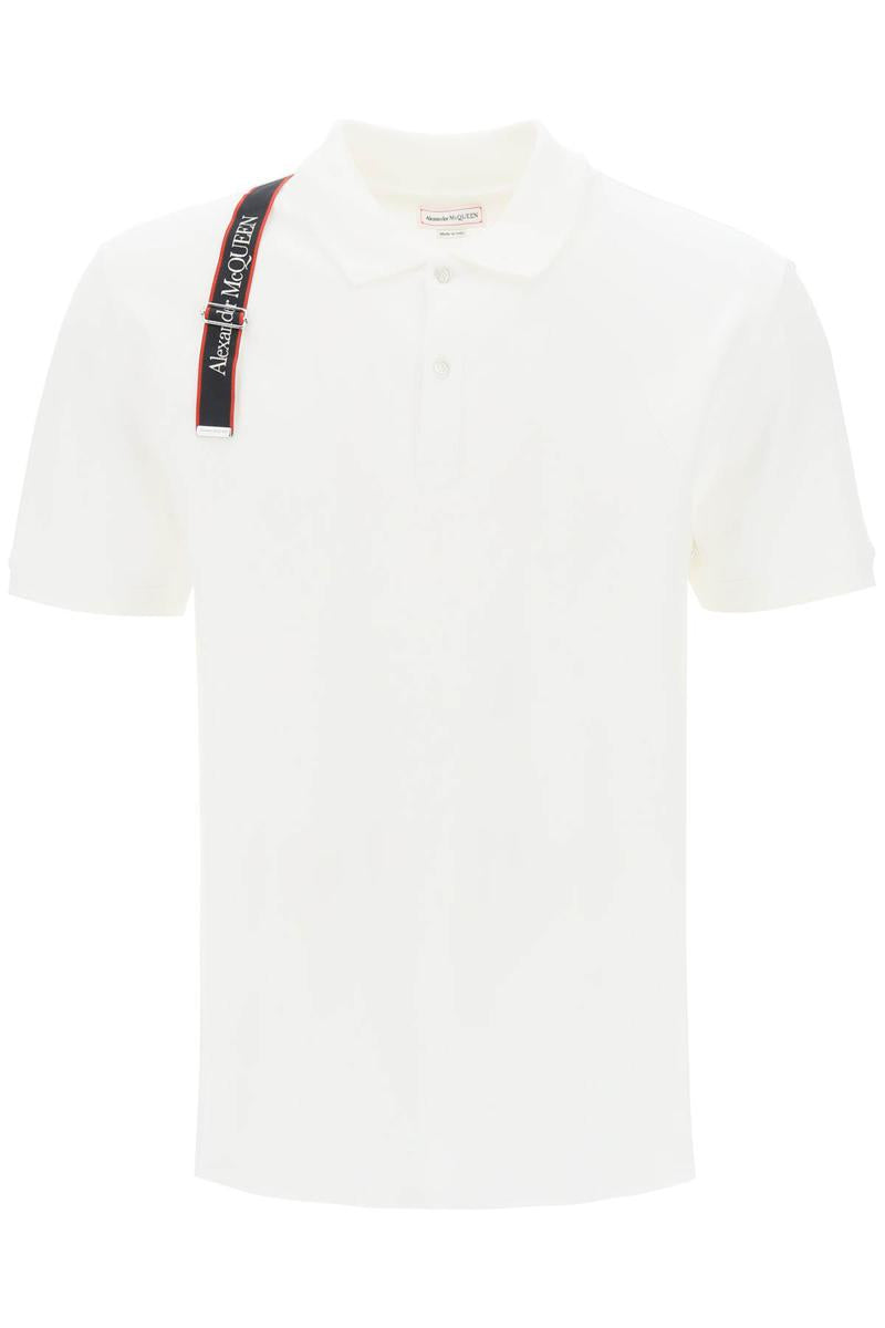Shop Alexander Mcqueen Harness Polo Shirt In Piqué With Selvedge Logo In Bianco