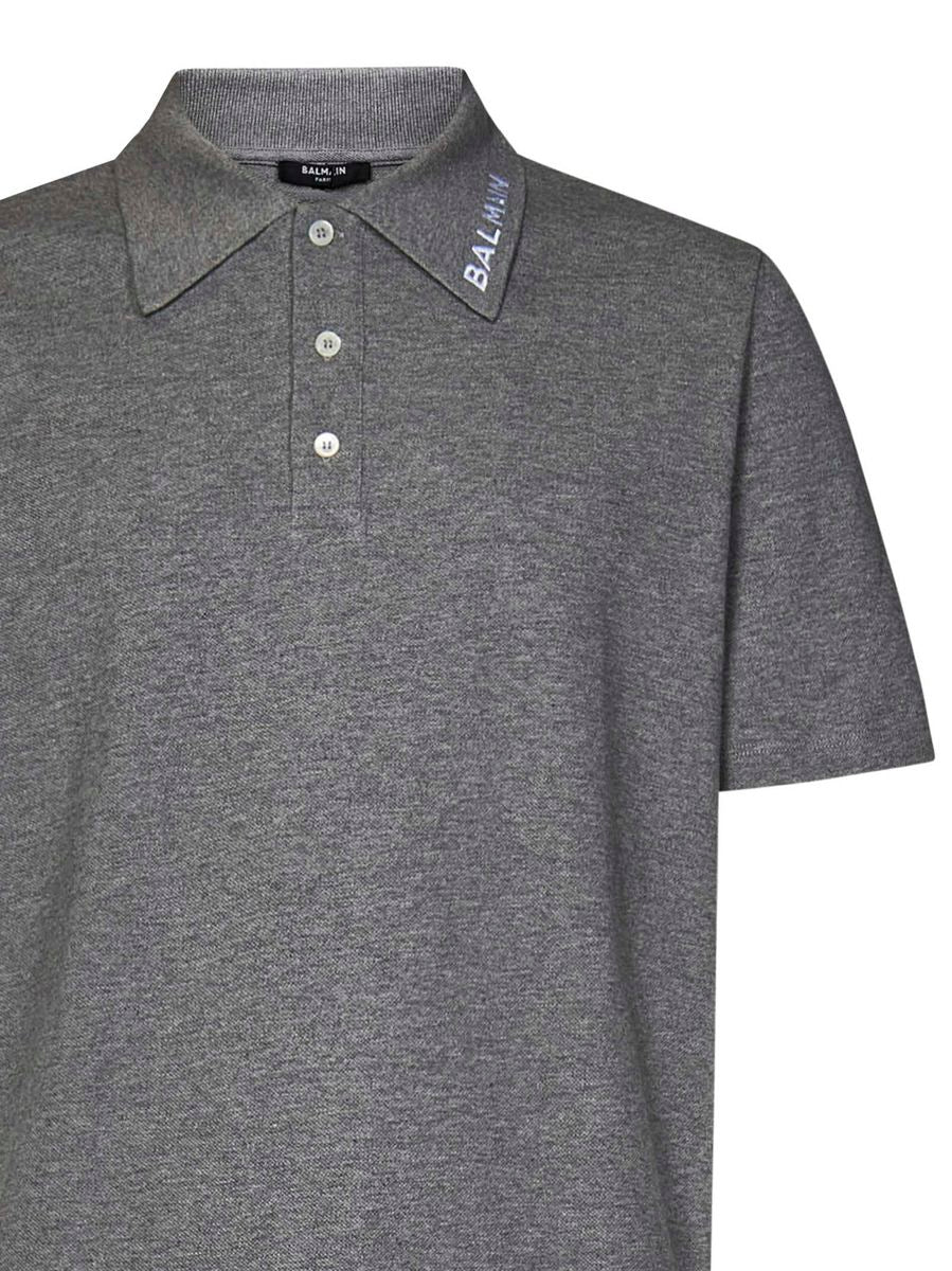 Shop Balmain Grey Cotton Polo Shirt