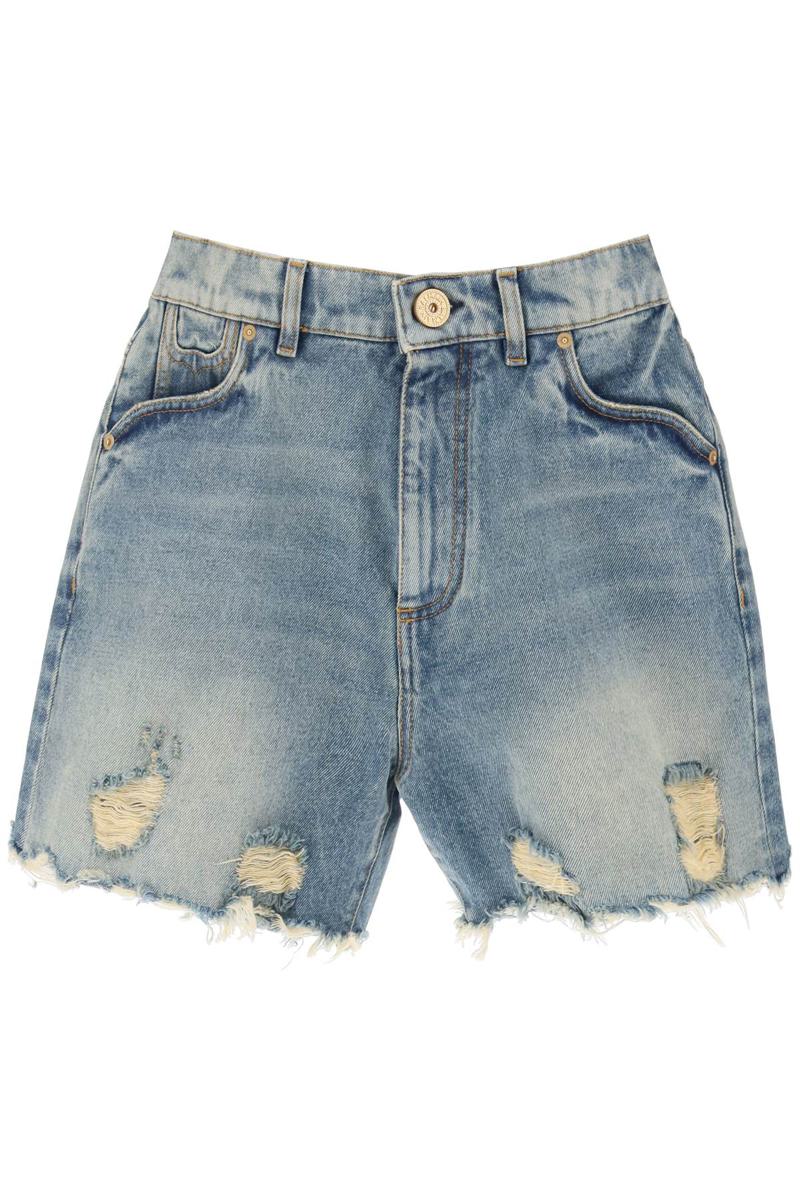 Shop Balmain Distressed Denim Shorts In Celeste
