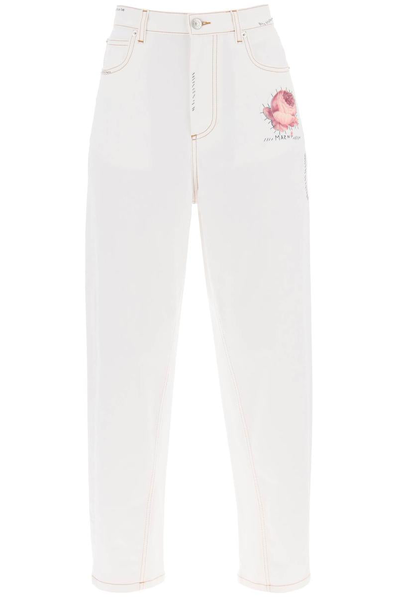 Shop Marni "jeans With Embroidered Logo And Flower Patch In Bianco