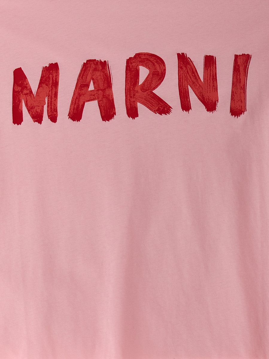 Shop Marni Pink Crewneck T-shirt With Logo Print In Cotton Woman
