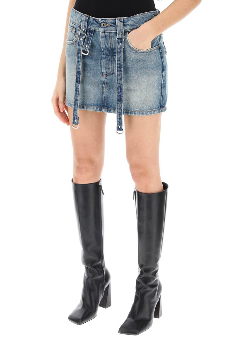 Shop Off-white Denim Mini Skirt With Straps In Celeste