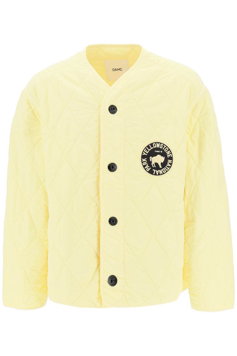 Shop Oamc 'denali' Quilted Jacket With Print And Embroidery At Back In Giallo