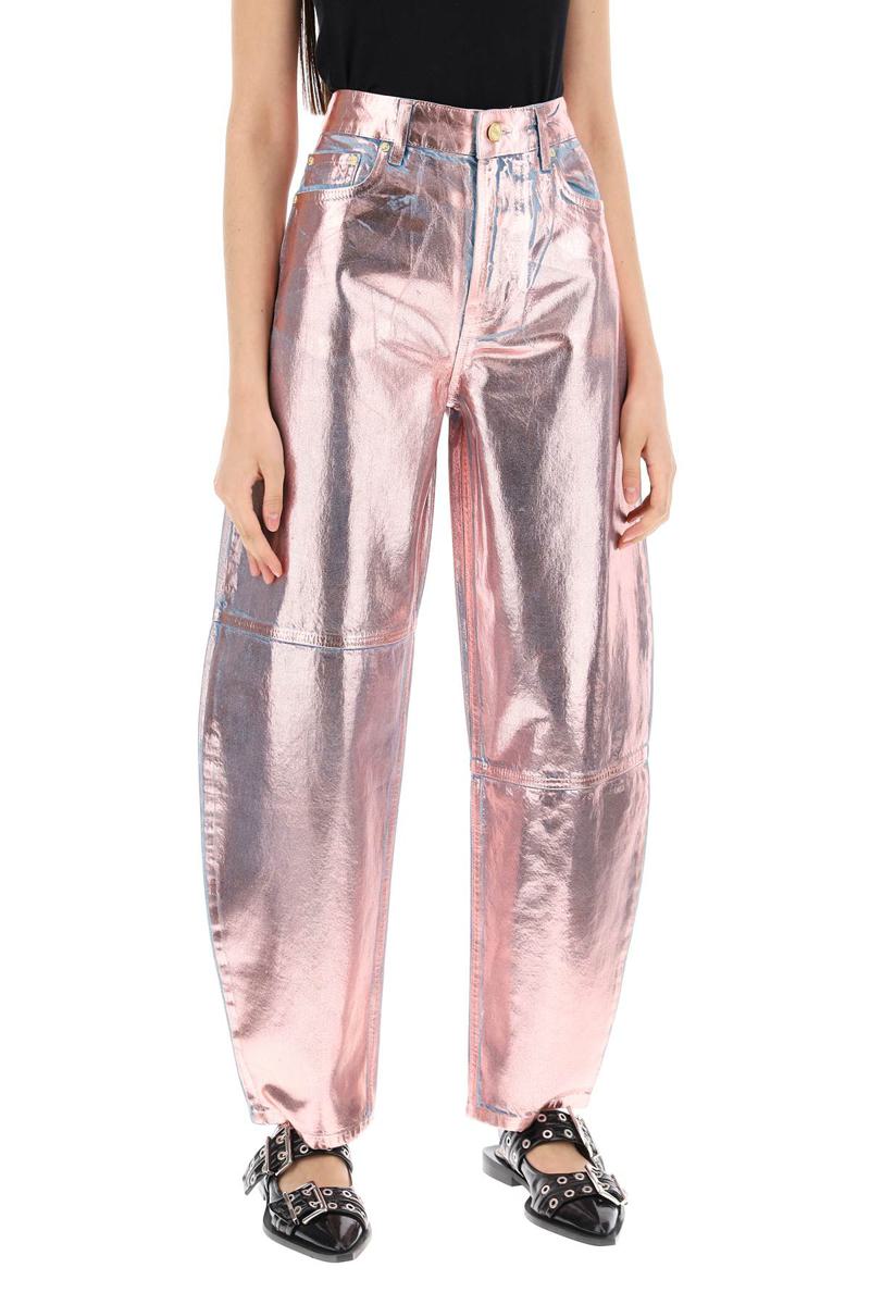 Shop Ganni Curved Leg Jeans In Foil Denim In Metallico