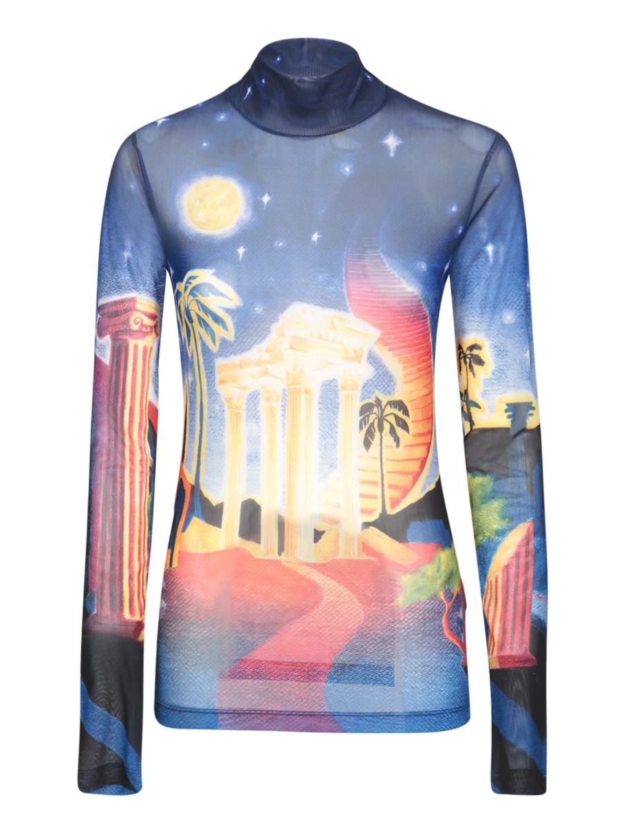 Casablanca Sheer Mesh Top Graphic Print In Blue