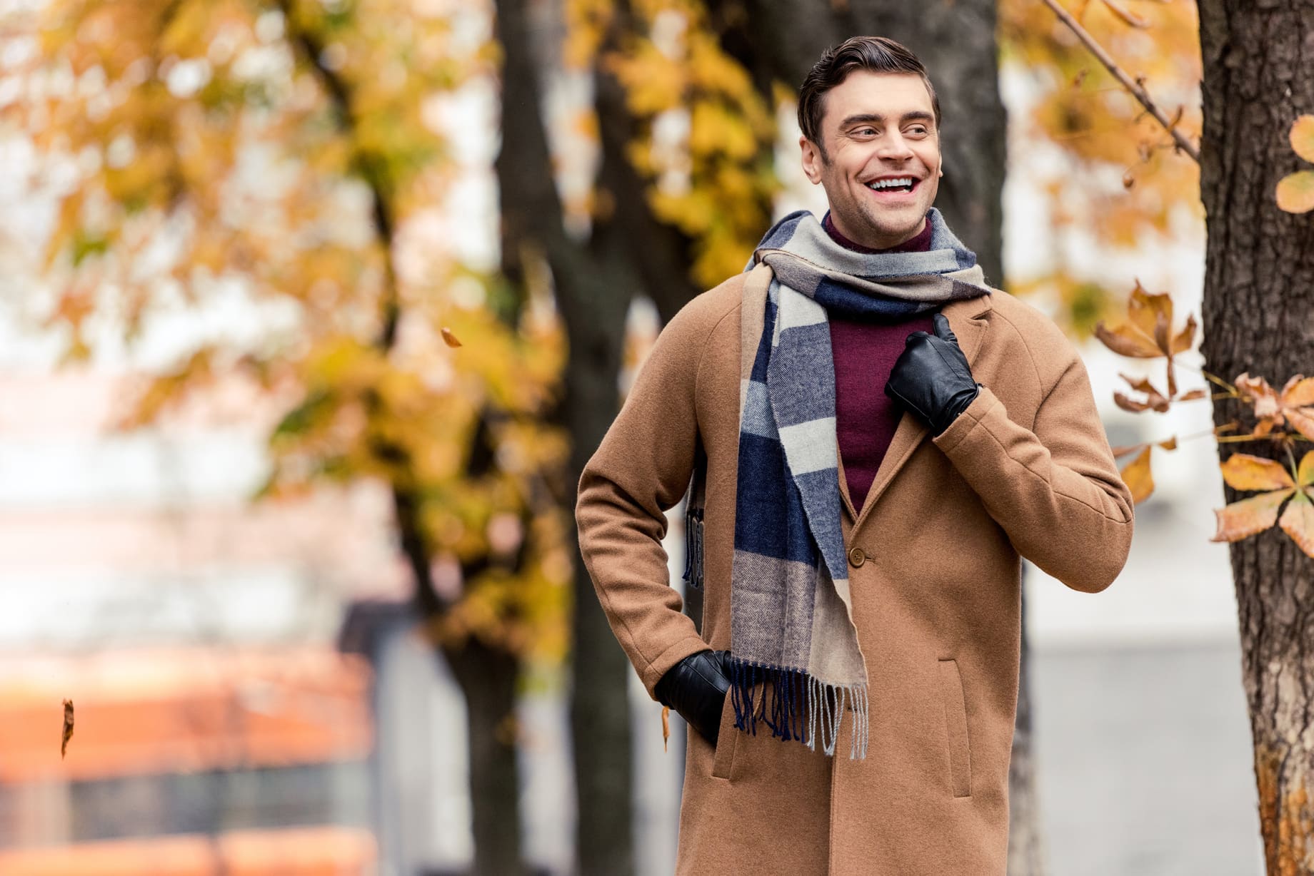 Accessories image on What Should Men Wear for Fall Pictures, happy stylish man in coat running by autumnal street