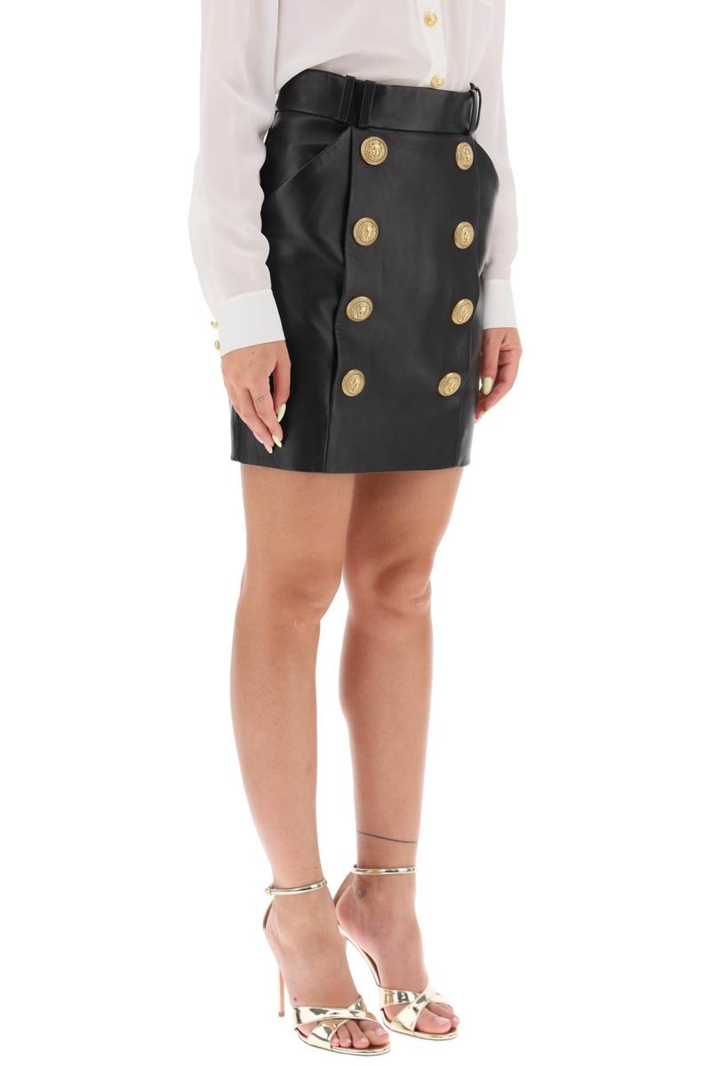 Shop Balmain Lamb Leather Mini Skirt With Ornamental Buttons In Nero