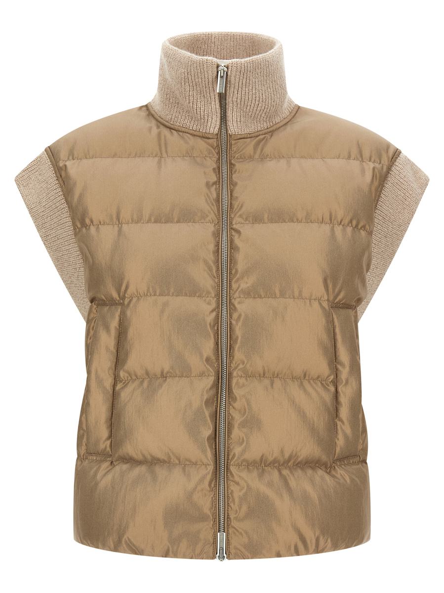 Peserico High Collar Sleeveless Quilted Ribbed Vest In Brown