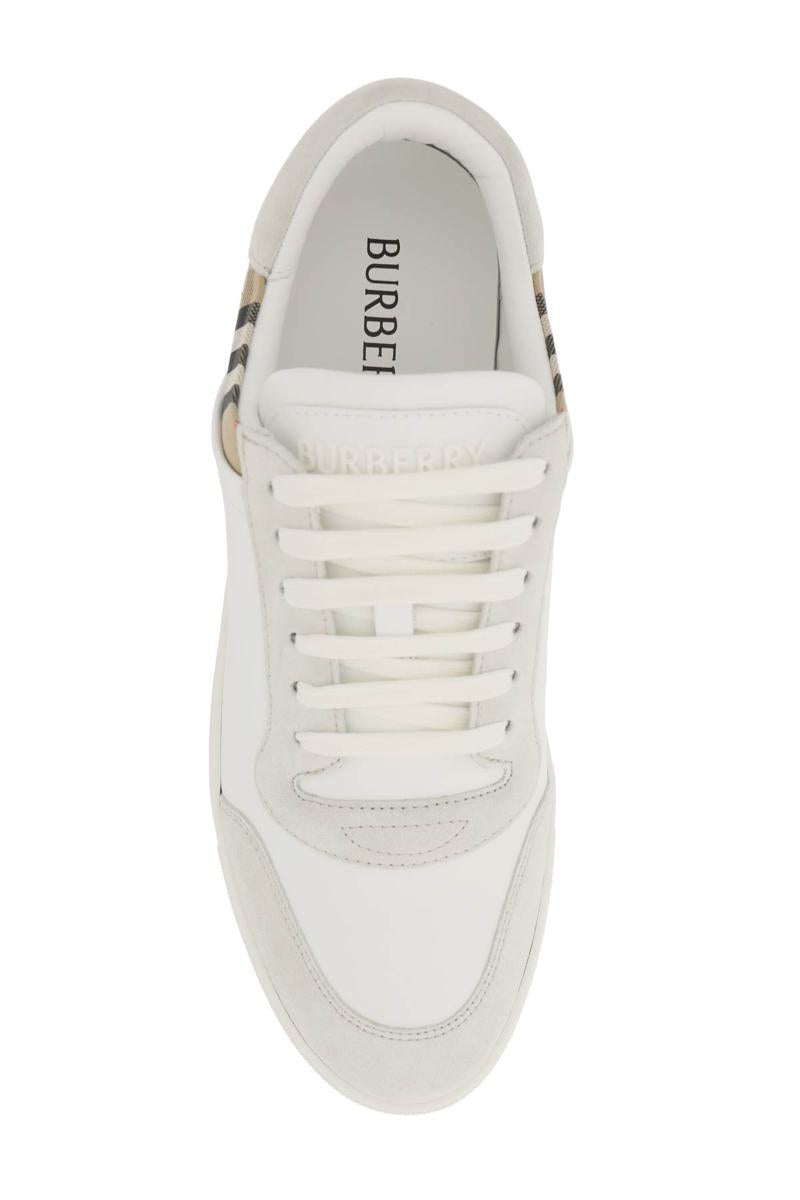 Shop Burberry Check Leather Sneakers In Bianco