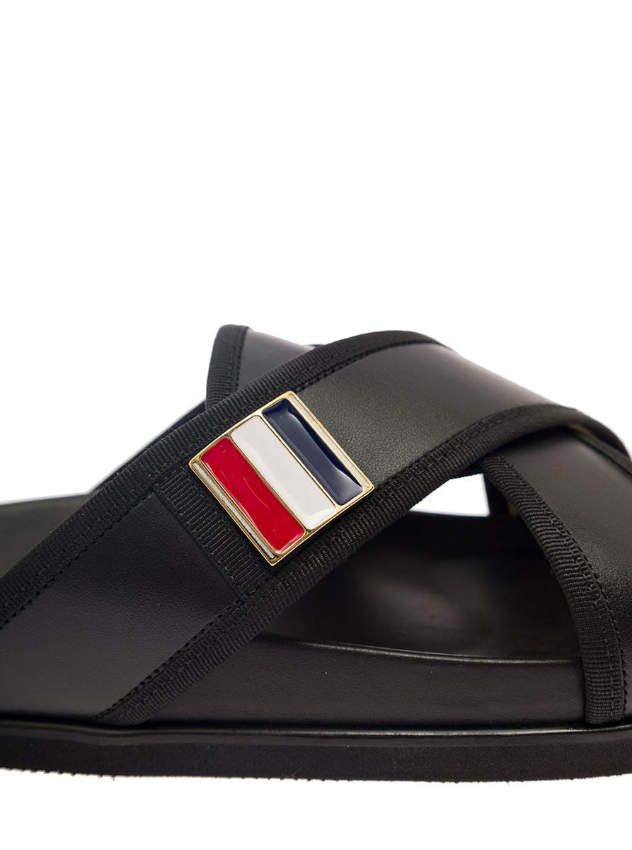 Shop Thom Browne Criss Cross Strap Sandals With Logo In Black Leather Man