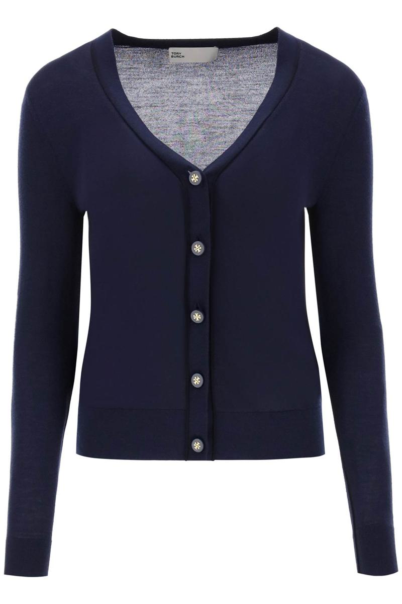 Shop Tory Burch 'simone' Wool And Silk Cardigan In Blu
