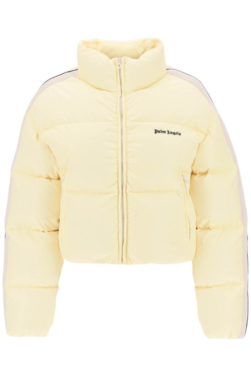 Shop Palm Angels Cropped Puffer Jacket With Bands On Sleeves In Giallo