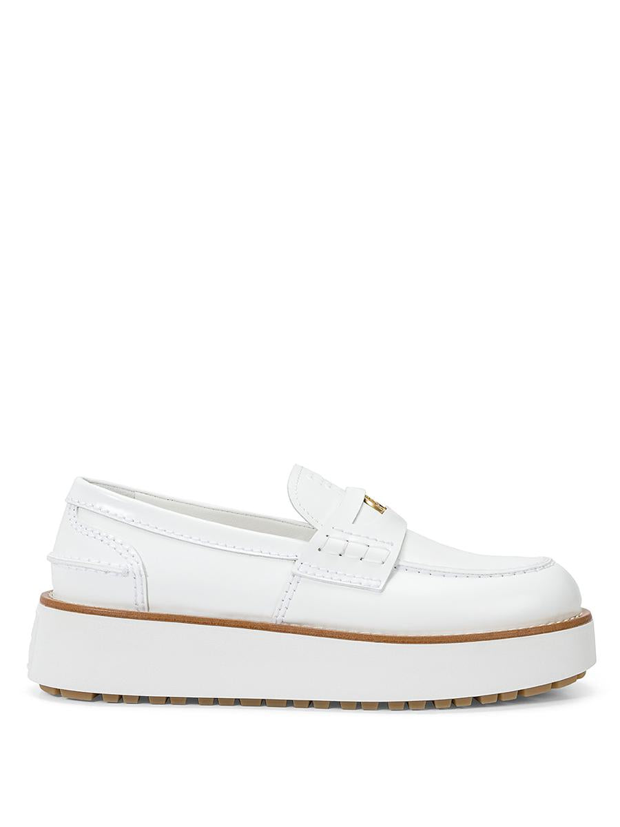 Shop Miu Miu Calf Leather Loafers With Front Plaque In White