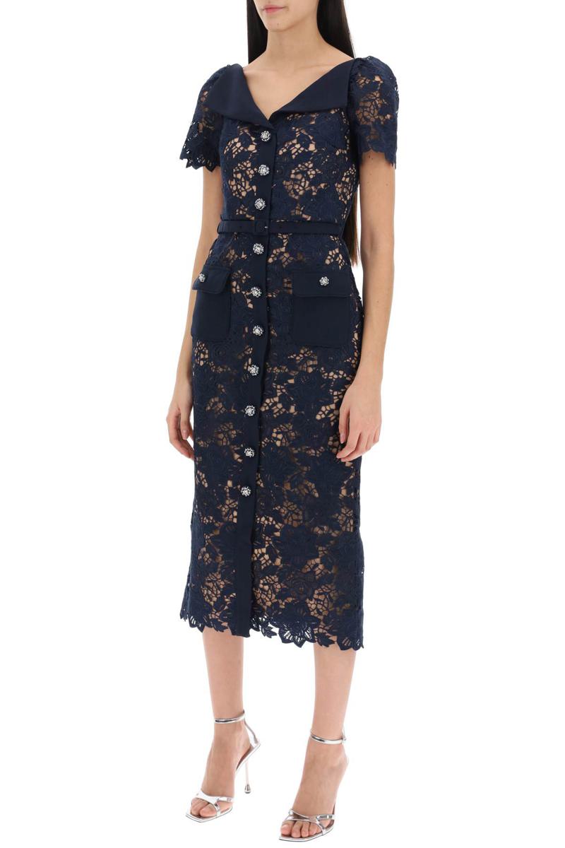 Shop Self-portrait Guipure Lace Dress With Diamanté Buttons In Blu