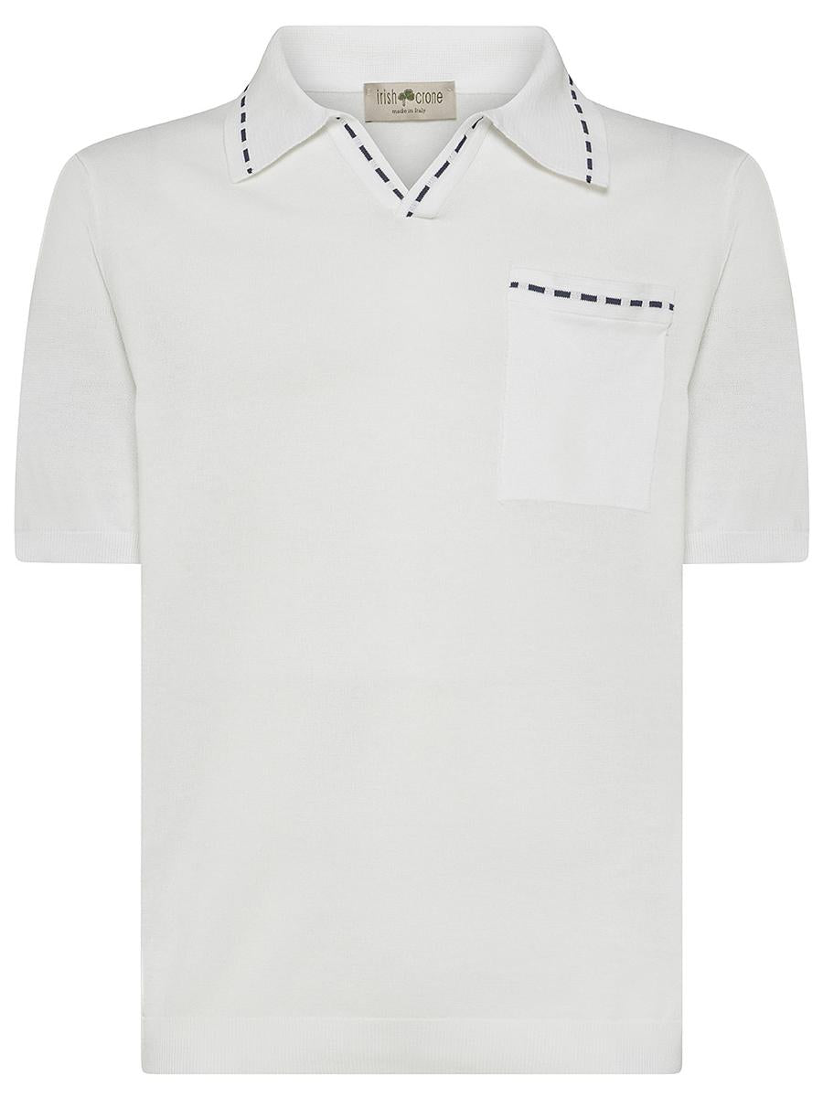 Shop Irish Crone Cotton Polo Shirt With Front Patch Pocket In White