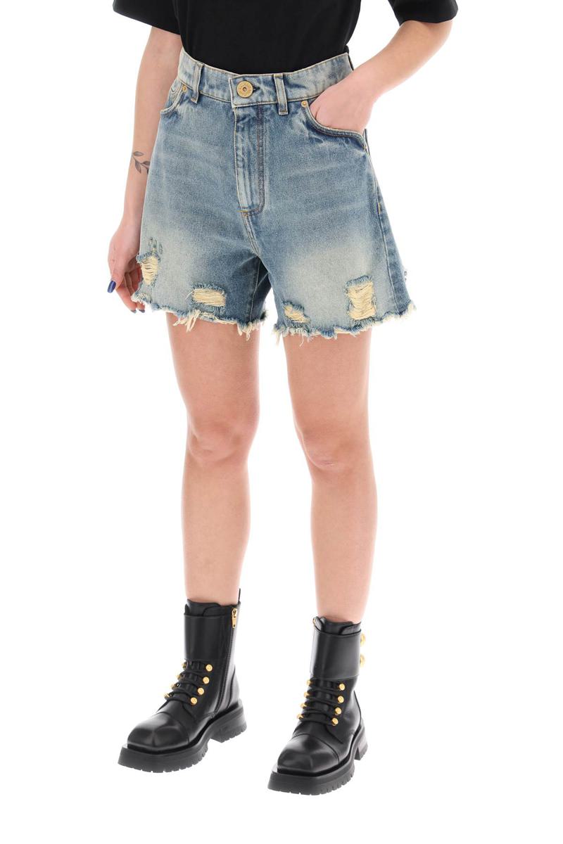 Shop Balmain Distressed Denim Shorts In Celeste