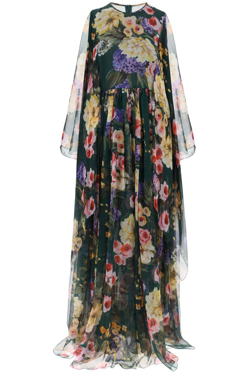 Shop Dolce & Gabbana Chiffon Maxi Dress With Garden Print In Verde