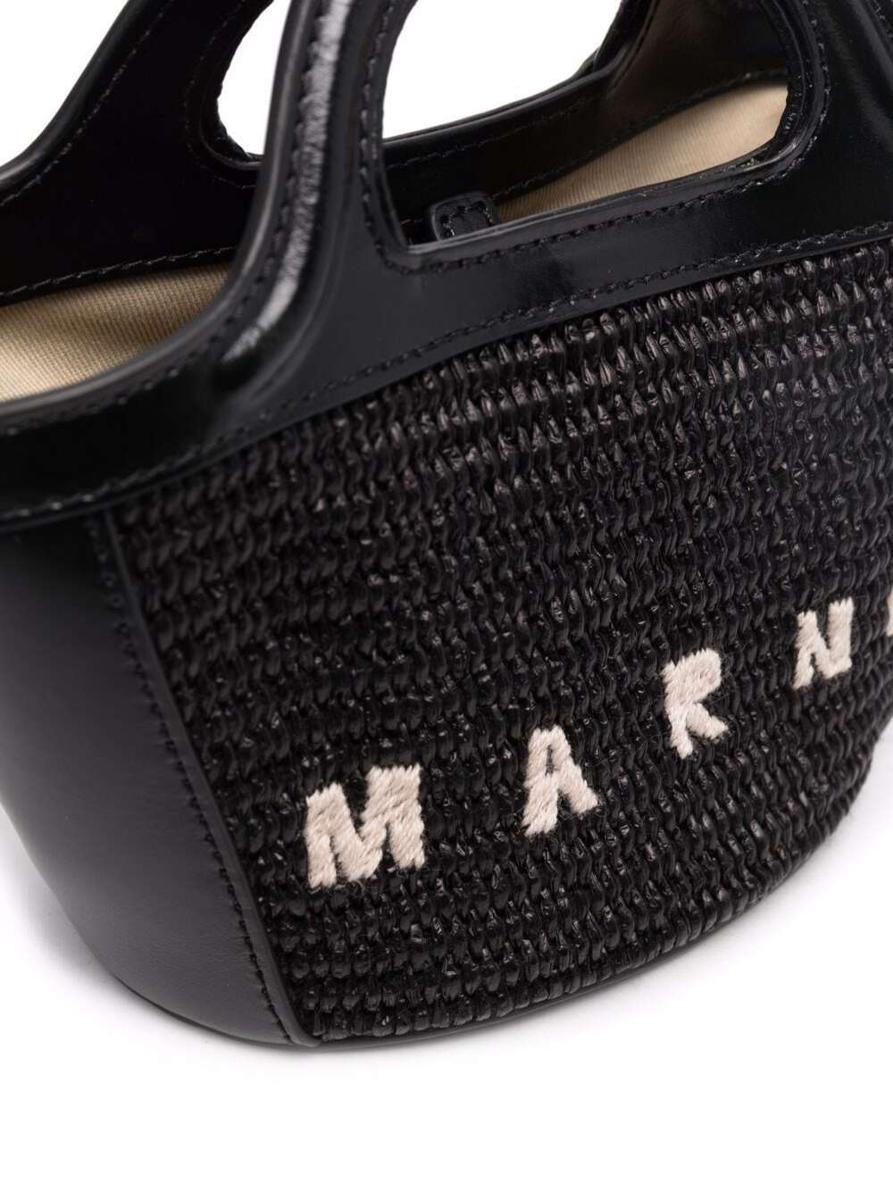 Shop Marni 'tropicalia Micro' Black Handbag With Logo Lettering Detail In Leather And Rafia Effect Fabric Woman