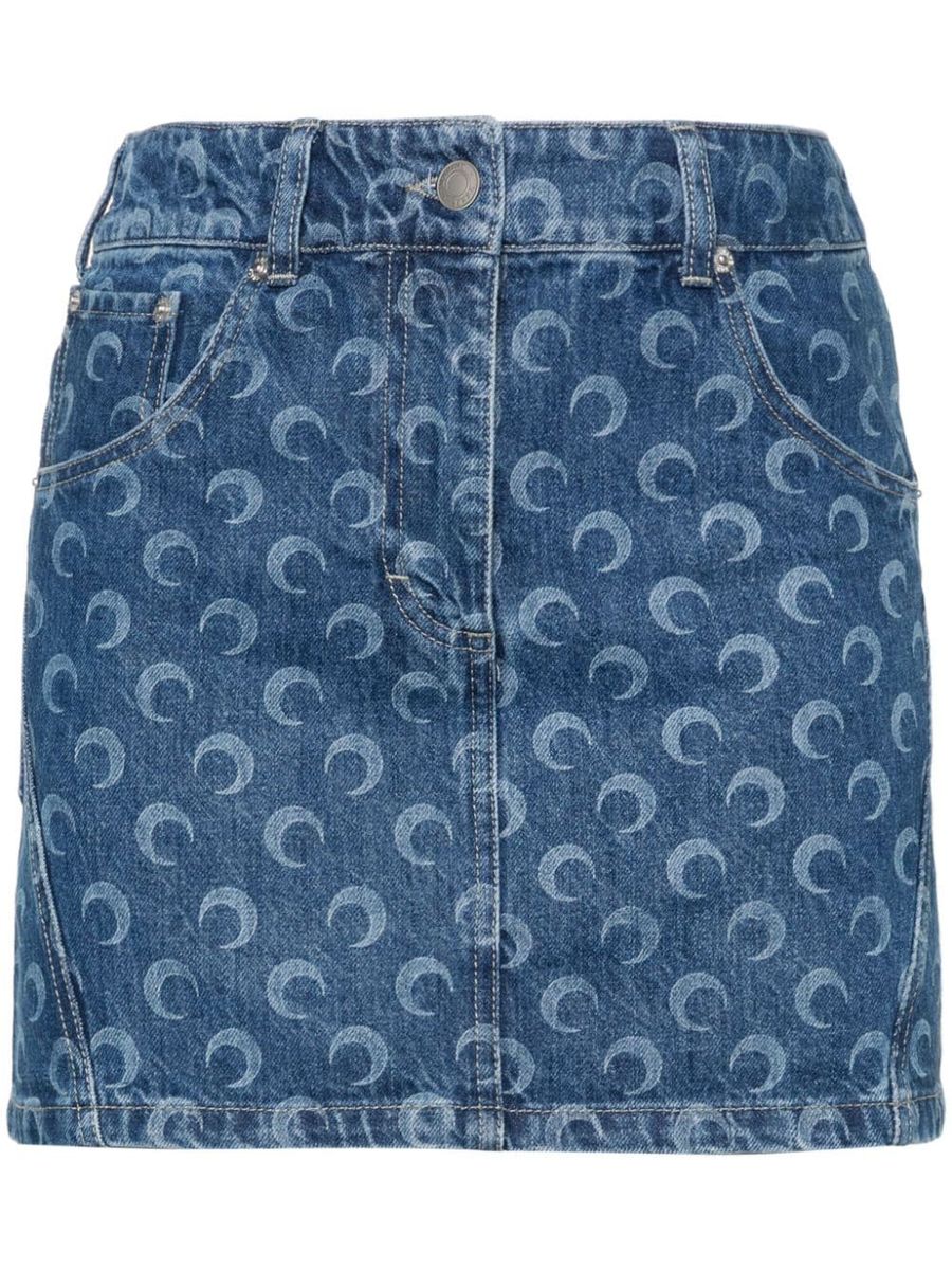 Shop Marine Serre Moon Print Denim Mini Skirt In Blue