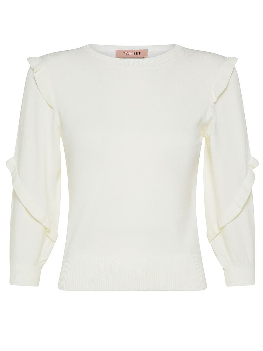 Shop Twinset Viscose Sweater With Ruffled Crew Neck In White