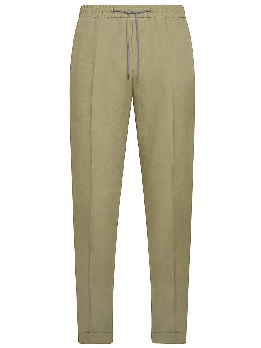 Shop Paul Smith Linen Pants With Pressed Crease And Drawstring Waist In Kaki