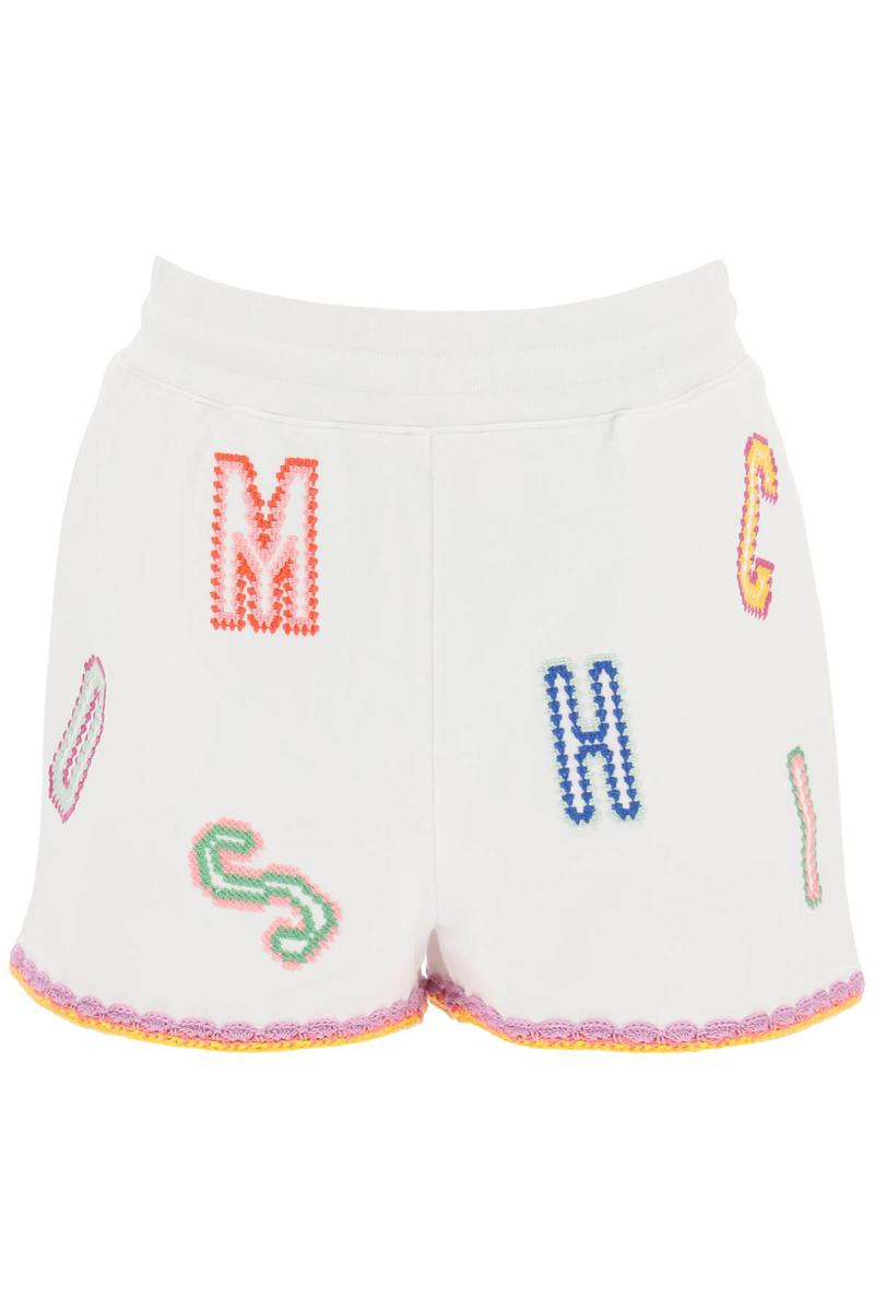 Shop Moschino Embroidered Cotton Shorts In Bianco