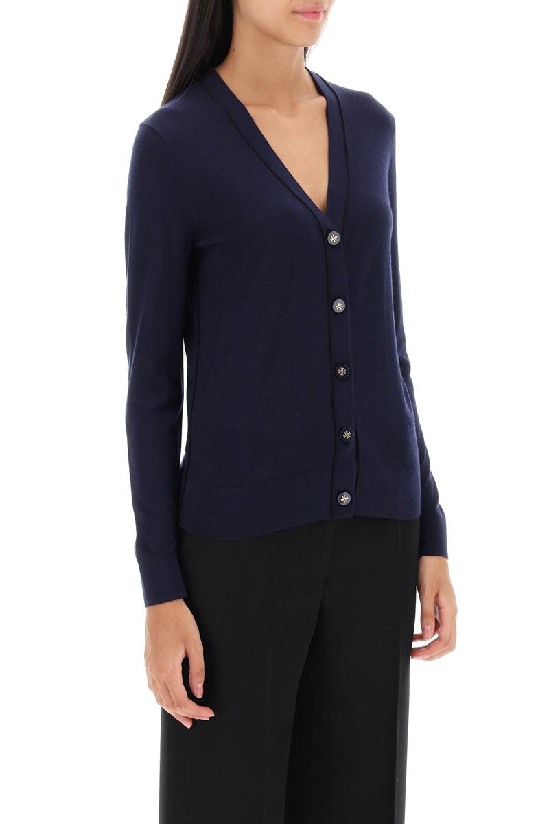 Shop Tory Burch 'simone' Wool And Silk Cardigan In Blu