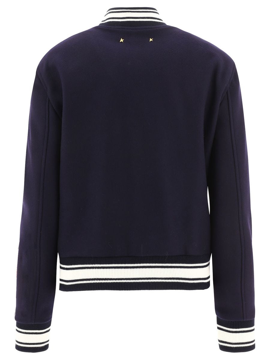 Golden Goose Wool Blend Bomber With Embroidered Logo In Blue