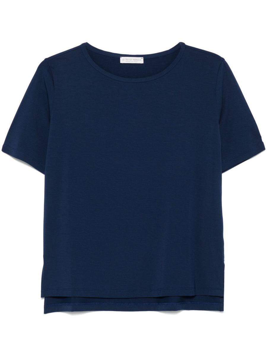 Le Tricot Perugia Classic Crew Neck T-shirt In Soft Viscose Blend In Blue