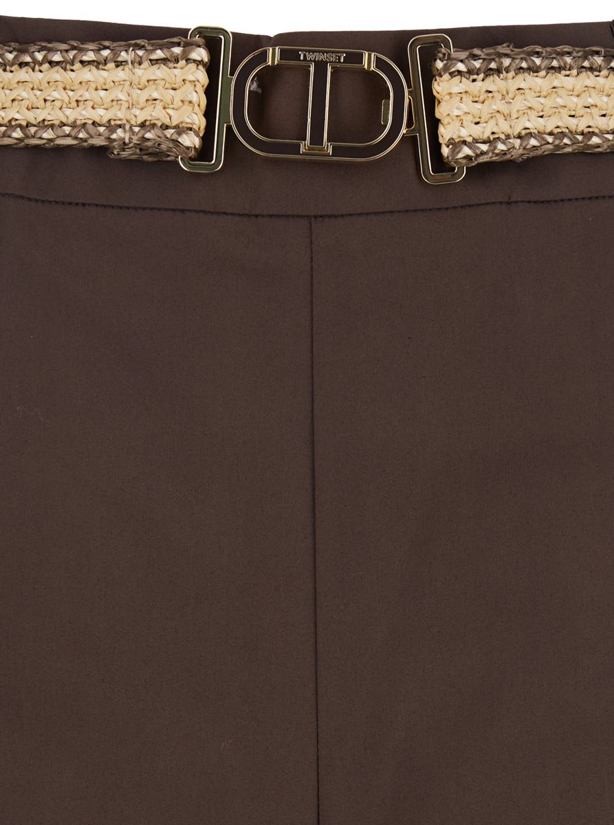 Twinset Brown Pants With Waist Belt And Metallic Logo Plaque In Cotton Poplin Woman In Brown
