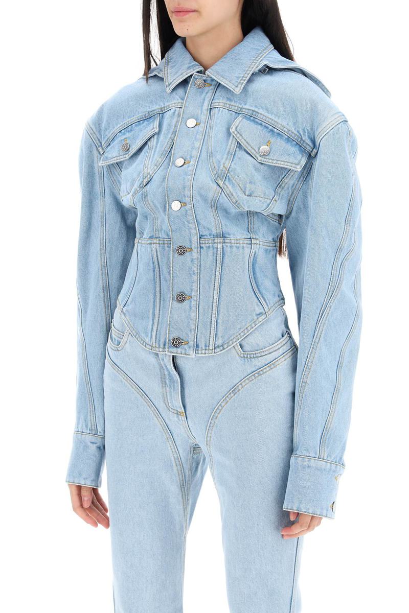 Shop Mugler Denim Jacket With Corset Detail In Blu