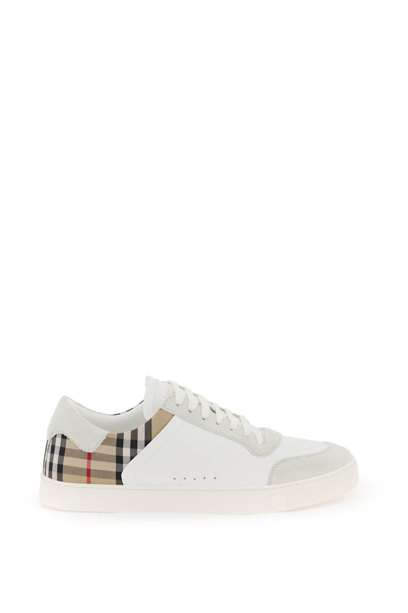 Shop Burberry Check Leather Sneakers In Bianco