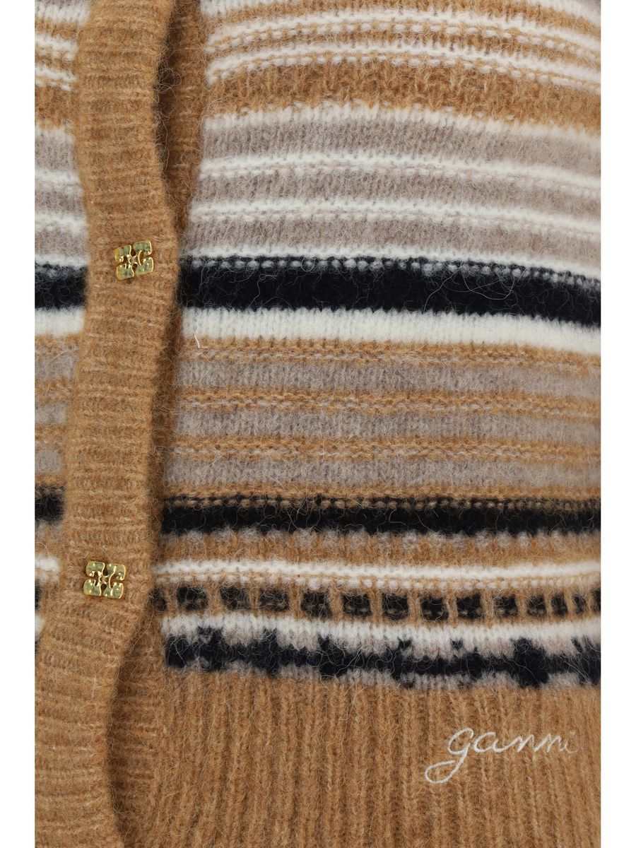 Shop Ganni Striped Cardigan In Brown