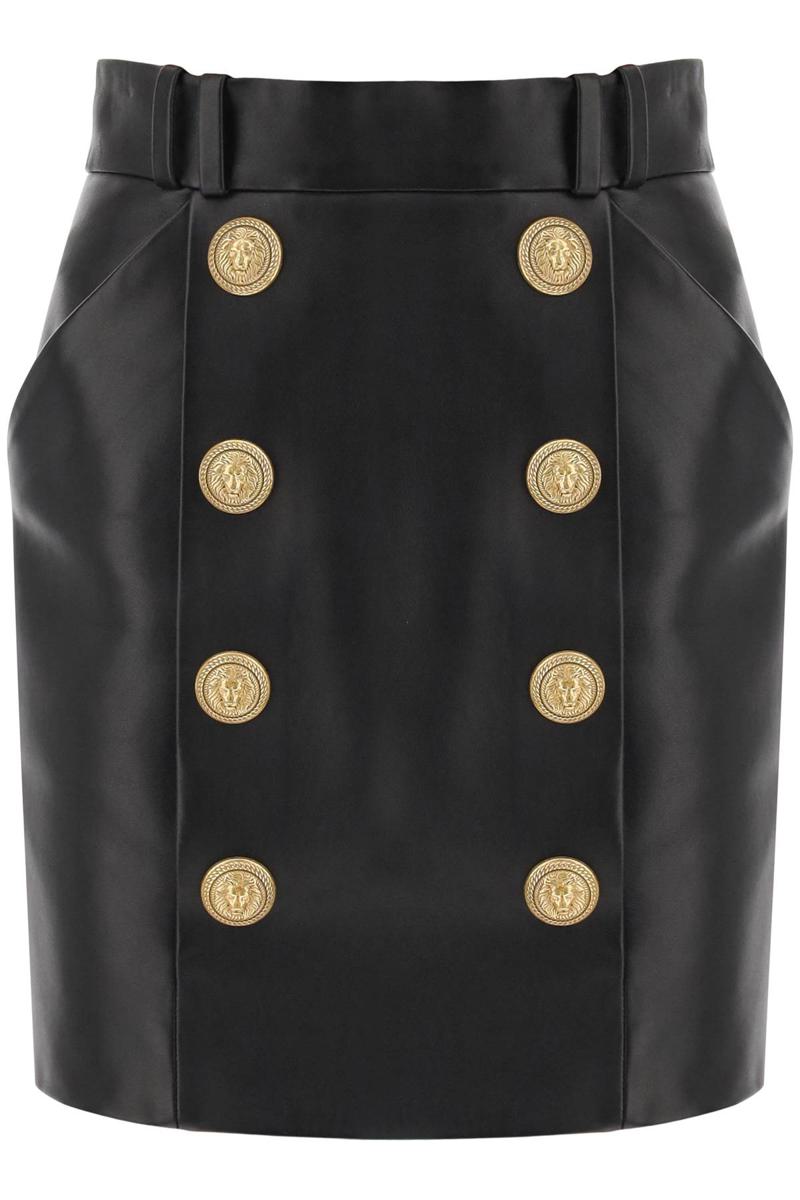 Shop Balmain Lamb Leather Mini Skirt With Ornamental Buttons In Nero