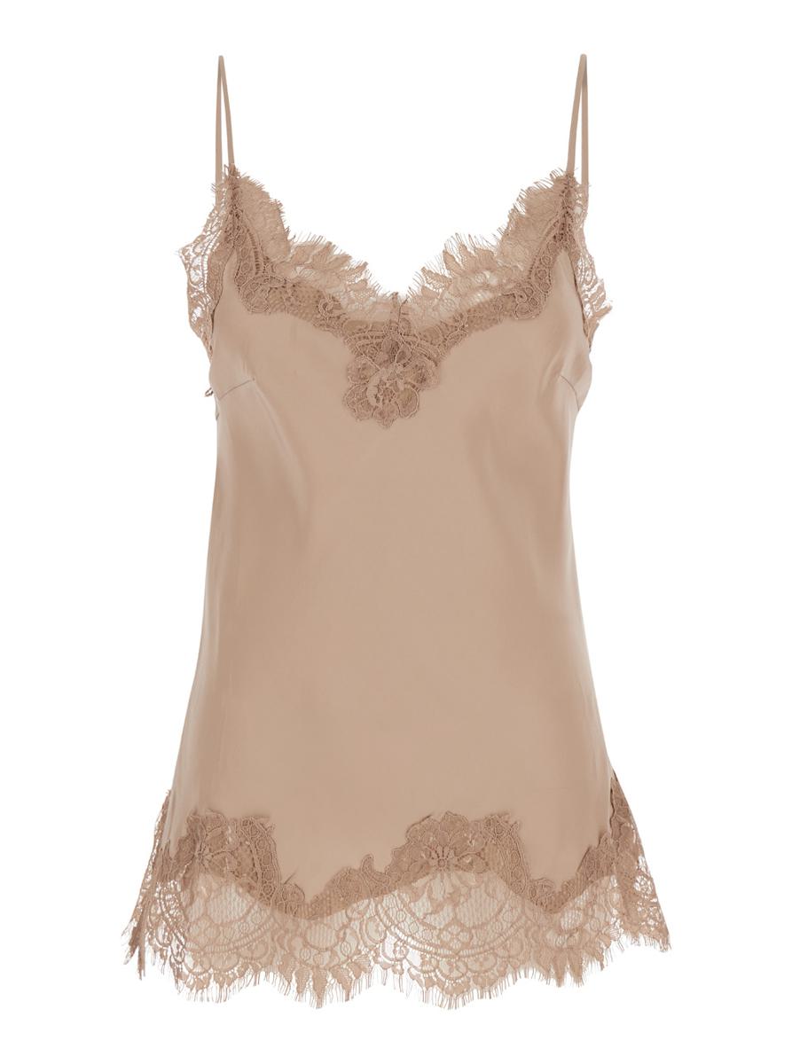 Shop Gold Hawk 'coco' Beige Camie Top With Tonal Lace Trim In Silk Woman
