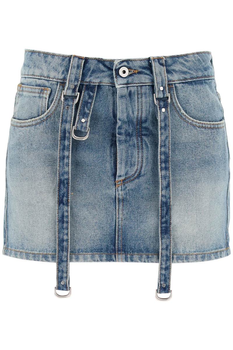 Shop Off-white Denim Mini Skirt With Straps In Celeste