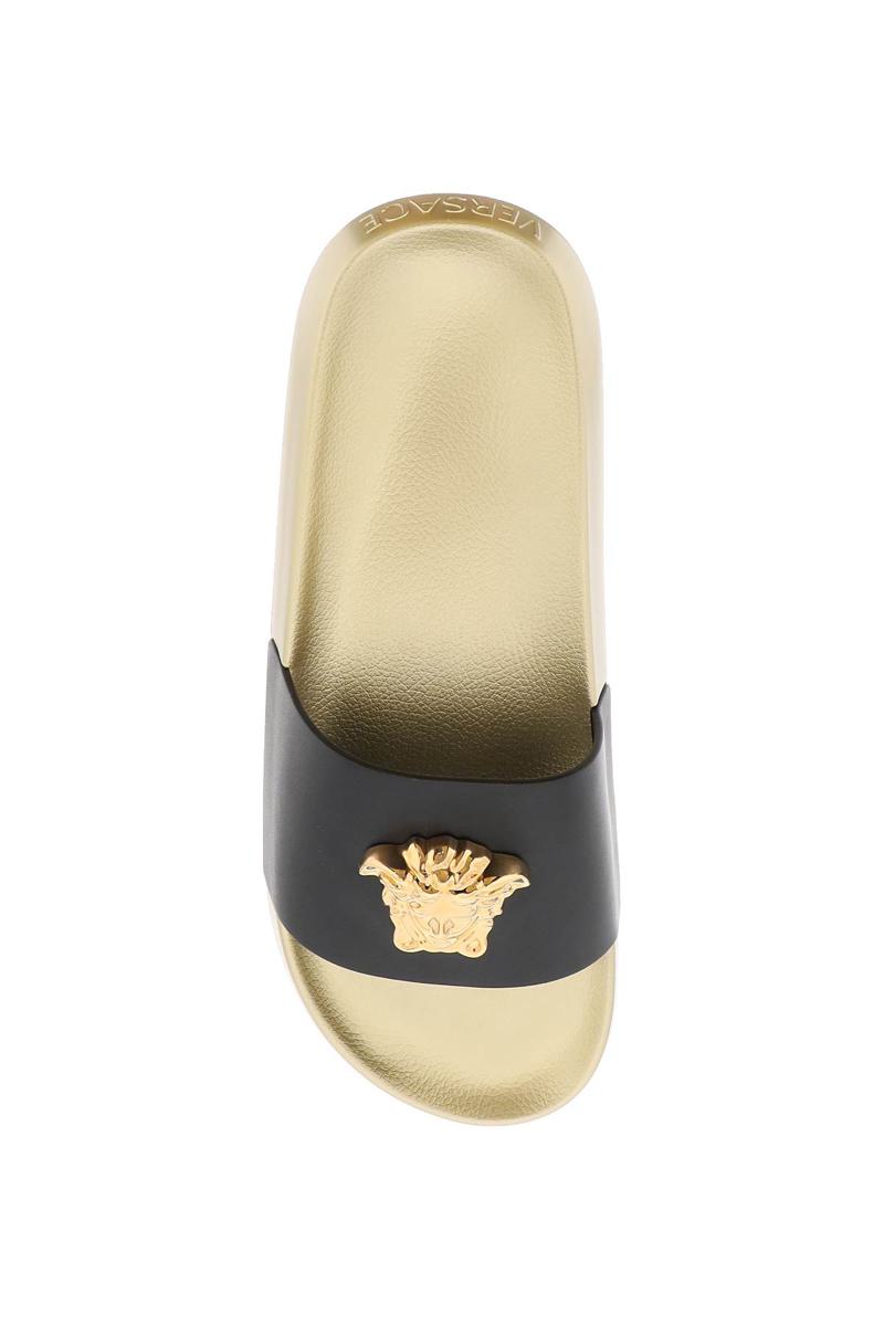 Shop Versace 'la Medusa' Slides In Oro