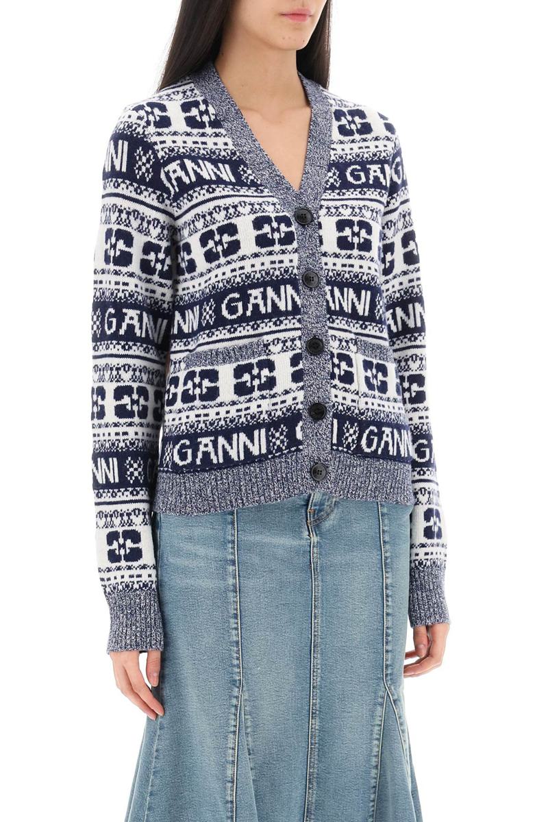 Shop Ganni Jacquard Wool Cardigan With Logo Pattern In Bianco