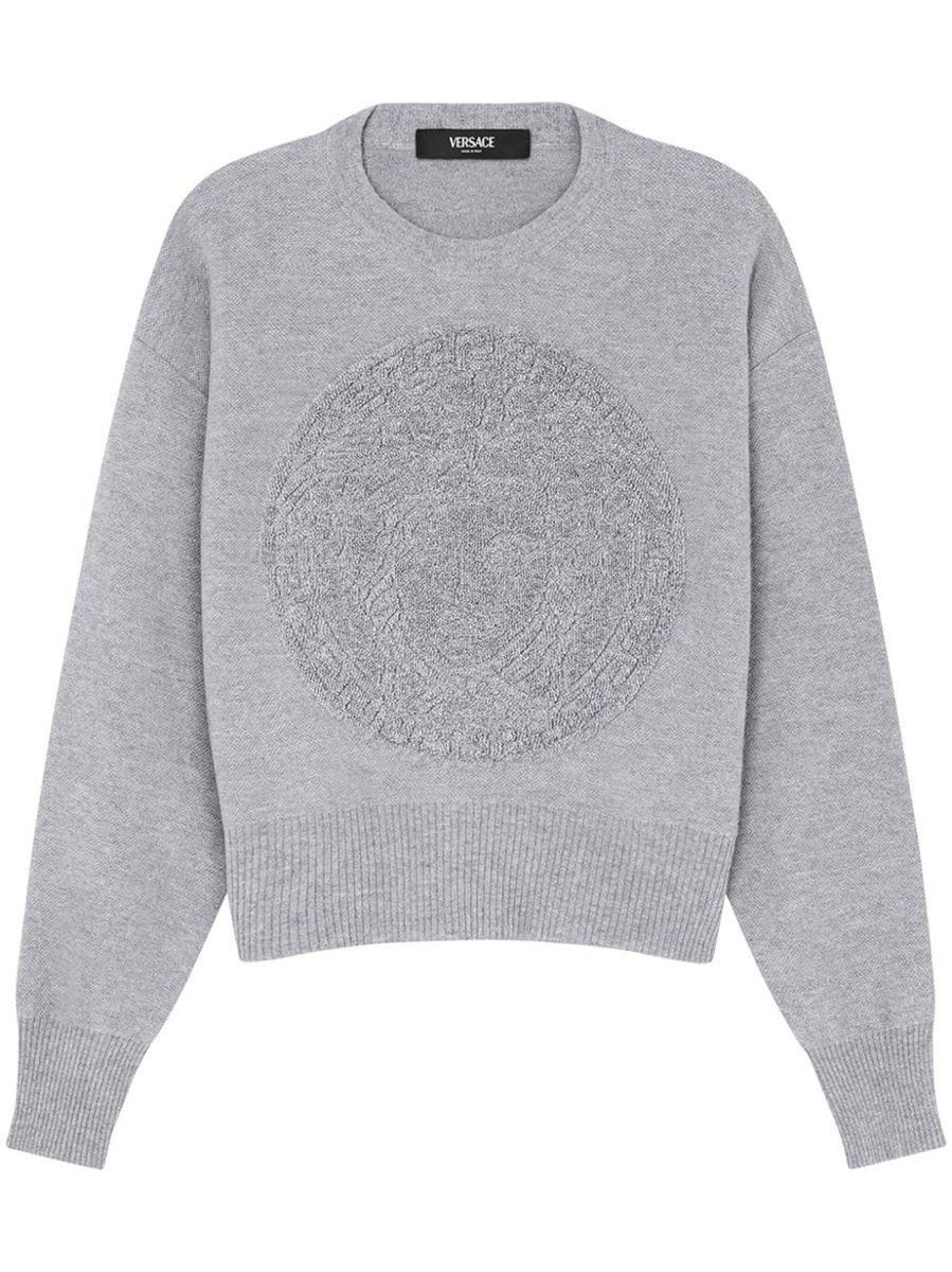 Shop Versace Virgin Wool And Cashmere Sweater With Front Medusa Embroidery In Grey