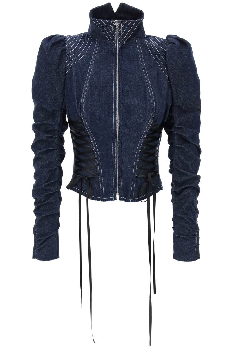 Shop Dilara Findikoglu Denim Jacket With Corset Detailing In Blu