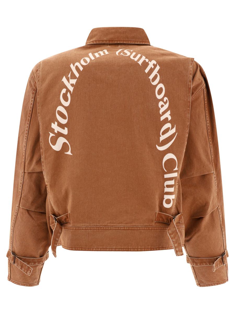 Shop Stockholm Surfboard Club "logo Work" Denim Jacket In Brown