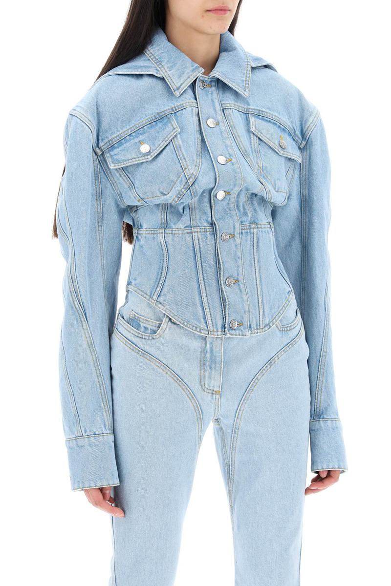 Shop Mugler Denim Jacket With Corset Detail In Blu