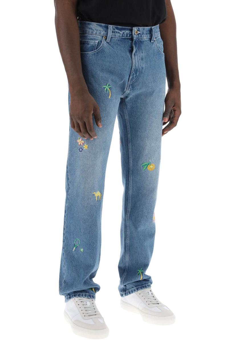 Shop Casablanca Embroidered Straight Jeans In Celeste
