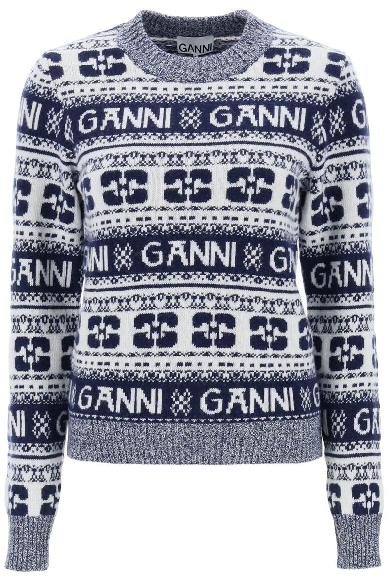 Shop Ganni Jacquard Wool Sweater With Logo Pattern In Bianco