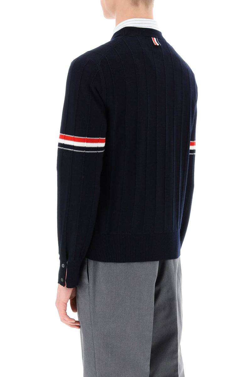 Shop Thom Browne Crew-neck Sweater With Tricolor Intarsia In Blu